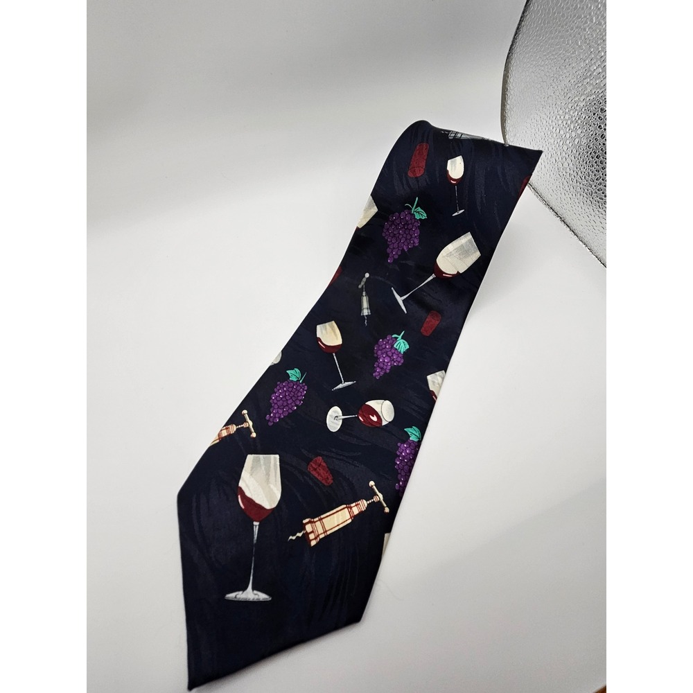 Roberto‎ Cellini Mens Wine Theme Novelty Tie Navy Blue Grapes Glasses 4" Width